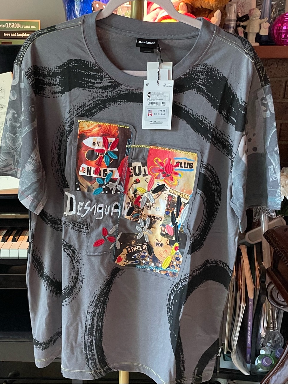 Desigual Gray Short-Sleeve Tee with Colorful Patchwork Appliqué